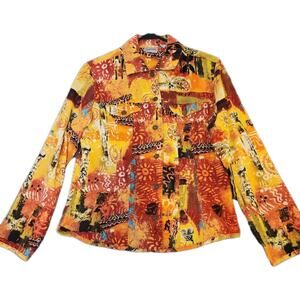 Chicos Multicolor Artsy Funky Colorful Corduroy‎ Button-Up Jacket Top Sz 0 Small